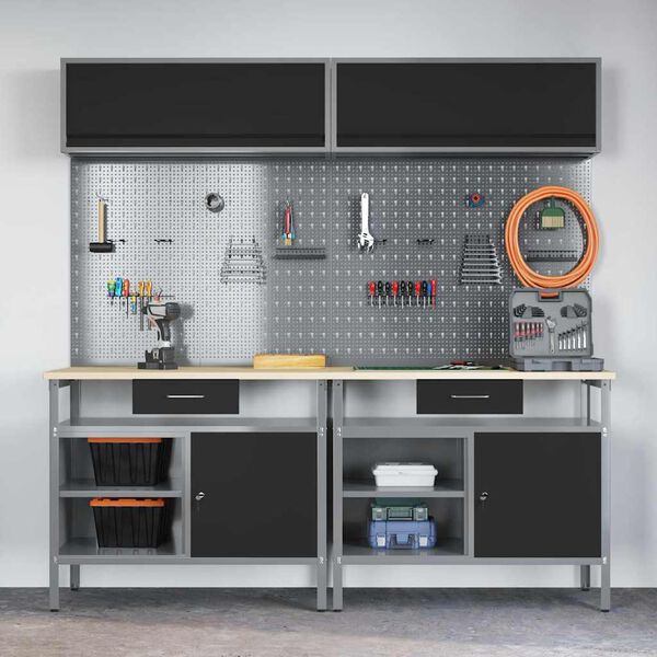 vidaXL Set banc de lucru cu sertar 8 pcs Negru 200 x 55 x 200 cm Oțel