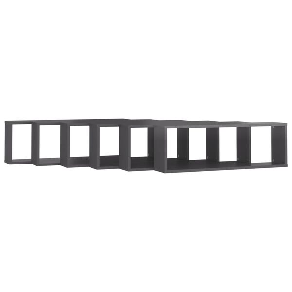 vidaXL Rafturi de perete cub 6 buc. gri extralucios 80x15x26,5 cm PAL
