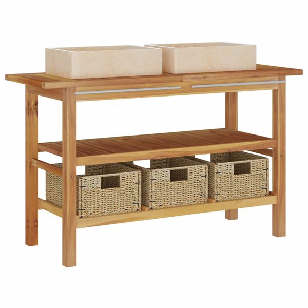 vidaXL Dulap de baie cu chiuvete din marmură, crem, lemn masiv tec