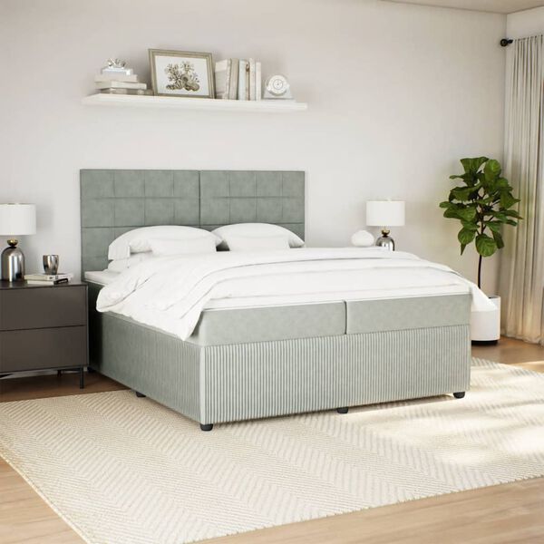 vidaXL Pat box spring cu saltea, gri deschis, 200x200 cm, catifea