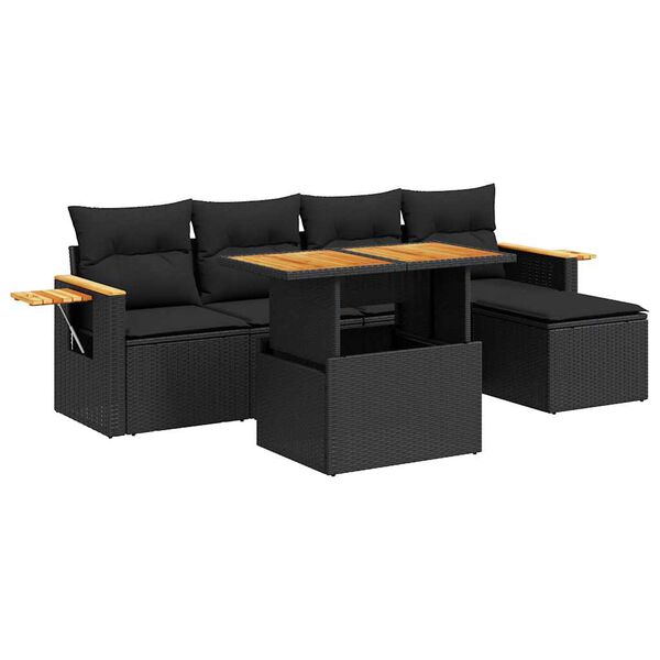 vidaXL Set mobilier grădină perne 6 piese negru poliratan/lemn acacia