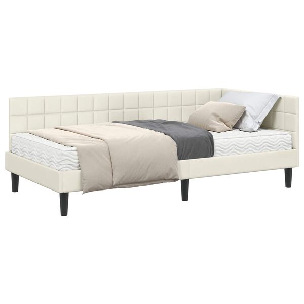 vidaXL Cadru de pat colțar cu saltea cu headboard 2 pcs Crem Catifea