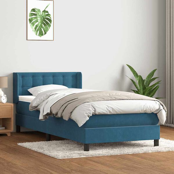 vidaXL Pat box spring cu saltea, albastru &icirc;nchis, 90x220 cm, catifea