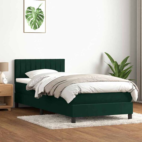 vidaXL Pat box spring cu saltea, verde &icirc;nchis, 90x210 cm, catifea