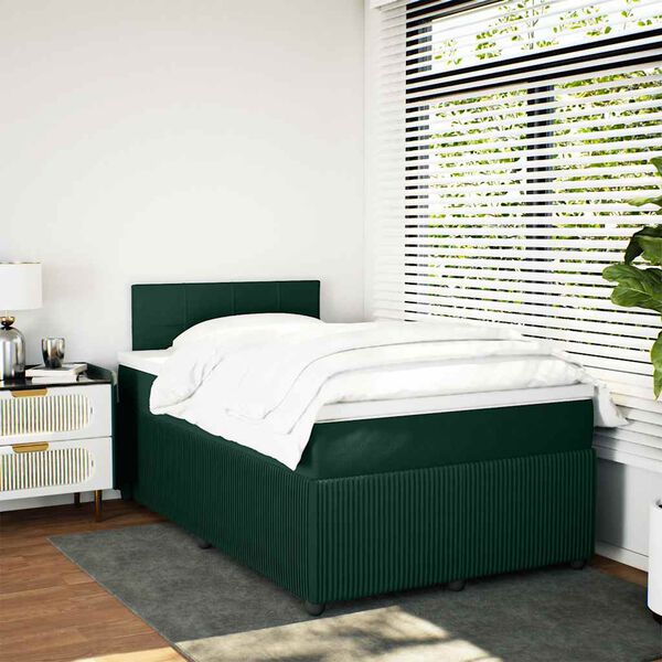 vidaXL Pat box spring cu saltea, verde &icirc;nchis, 120x200 cm, catifea