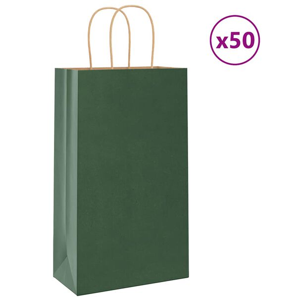 vidaXL Pungi de h&acirc;rtie 50 buc cu m&acirc;nere verde 21x11x36 cm