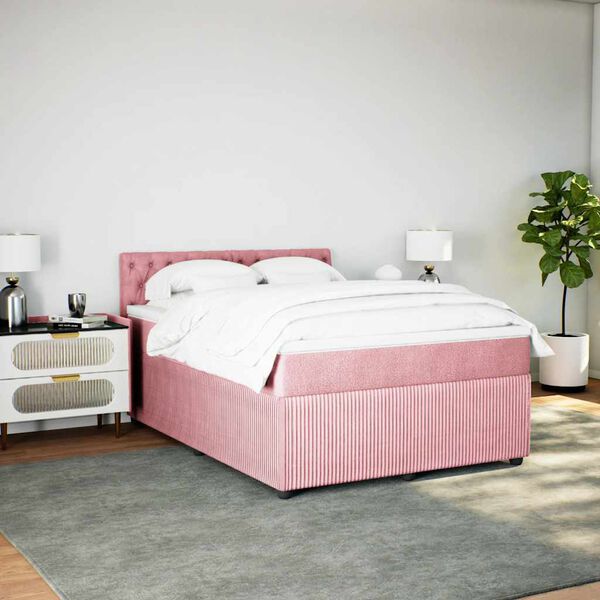 vidaXL Pat box spring cu saltea, roz, 140x190 cm, catifea
