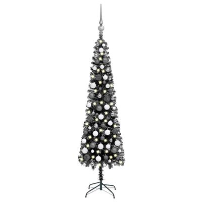 vidaXL Brad de Crăciun pre-iluminat slim, set globuri, negru, 210 cm