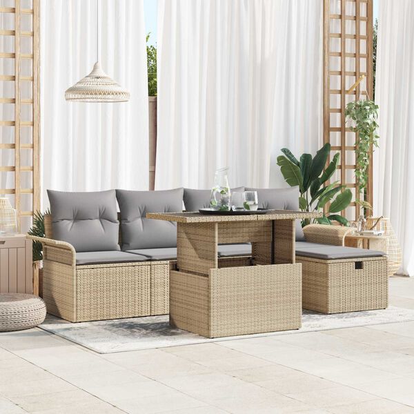 vidaXL Set de canapele pentru grădină cu pernă 6 pcs Bej Rattan poli