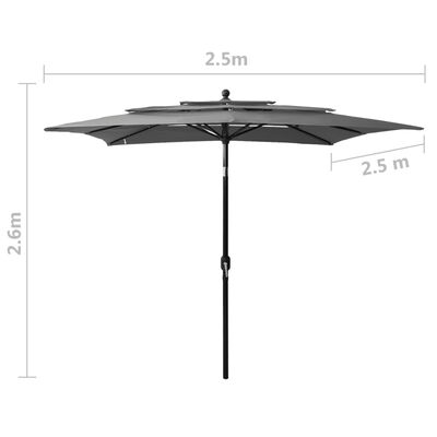 vidaXL Umbrelă de soare 3 niveluri, stâlp aluminiu, antracit 2,5x2,5 m