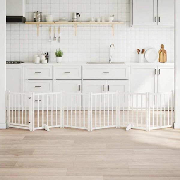 vidaXL Poartă c&acirc;ini pliabilă cu ușă, 6 panouri, alb, 300 cm, lemn brad