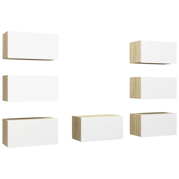 vidaXL Dulap TV, 7 buc alb/stejar Sonoma 30,5x30x60 cm, lemn prelucrat