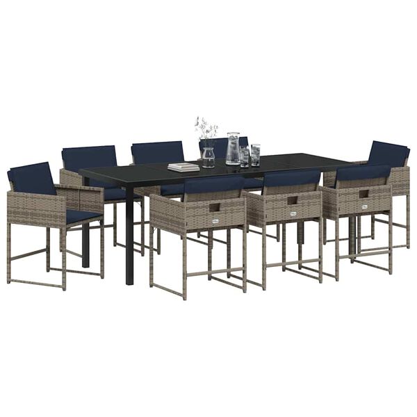 vidaXL Set de masă pentru grădină cu pernă 9 pcs Gri poliratan