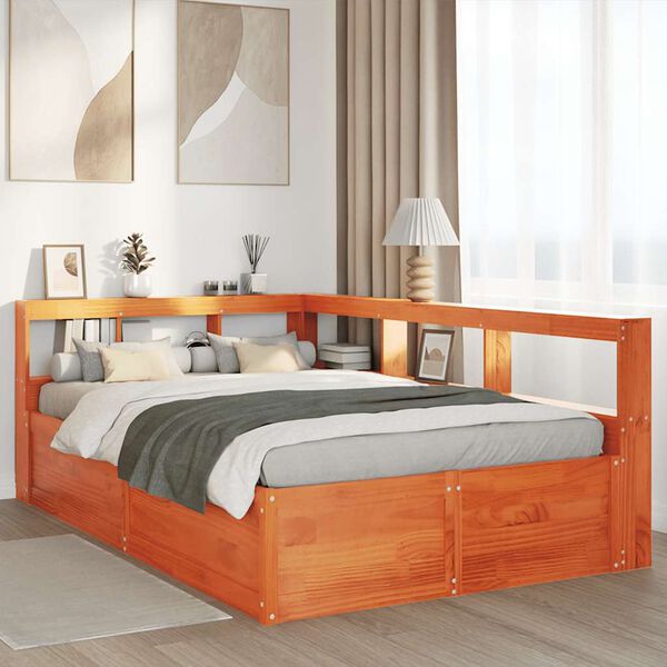 vidaXL Pat cu bibliotecă fără saltea, maro, 120x190 cm, lemn masiv pin