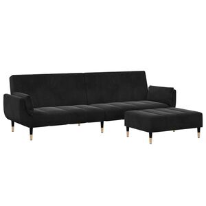 vidaXL Canapea extensibilă cu taburet, 2 locuri, negru, catifea