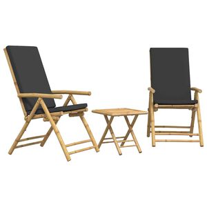 vidaXL Set de bistro pliabil, 3 piese, cu perne gri &icirc;nchis, bambus