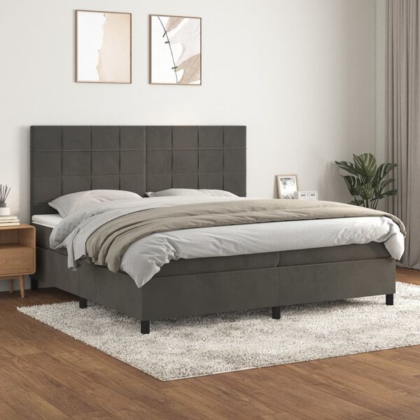 vidaXL Pat box spring cu saltea, gri &icirc;nchis, 200x200 cm, catifea