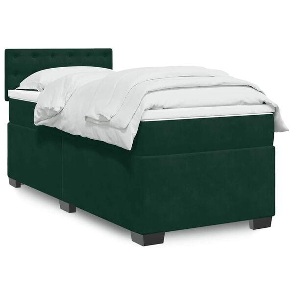 vidaXL Pat box spring cu saltea, verde &icirc;nchis, 90x200 cm, catifea