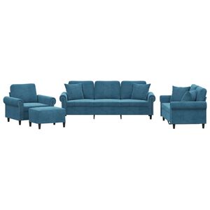 vidaXL Set de canapele cu perne, 4 piese, albastru, catifea