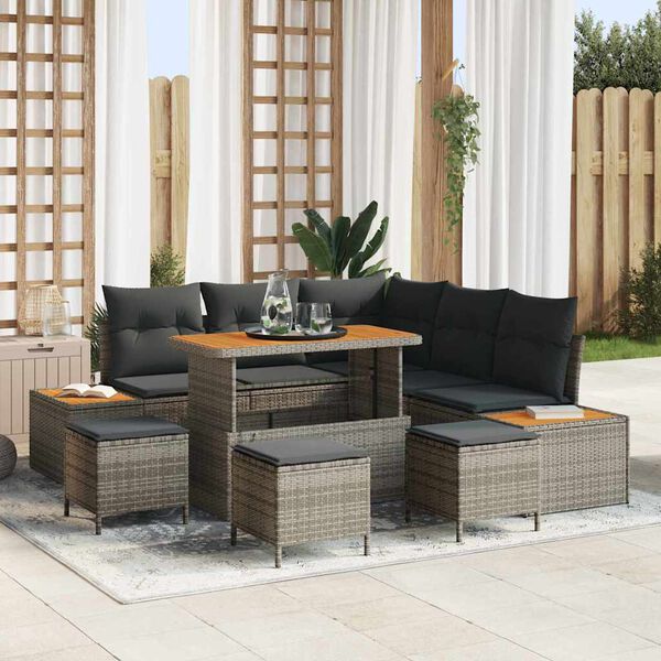 vidaXL Set de canapele pentru grădină cu pernă 9 pcs Gri Rattan poli