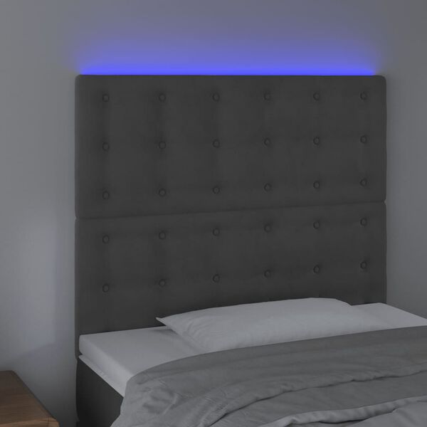 vidaXL Tăblie de pat cu LED, gri &icirc;nchis, 90x5x118/128 cm, catifea