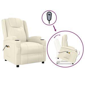 vidaXL Fotoliu de masaj cu ridicare, alb crem, piele ecologică