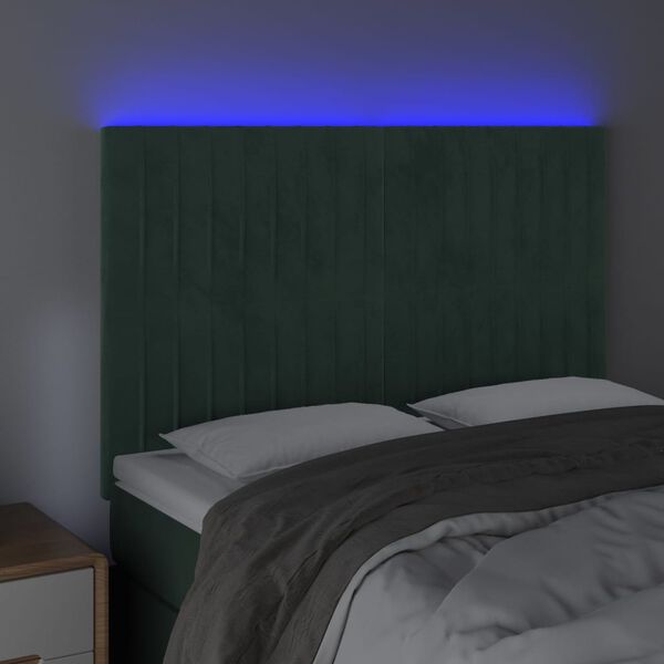 vidaXL Tăblie de pat cu LED, verde &icirc;nchis, 144x5x118/128 cm, catifea