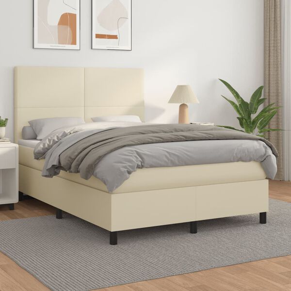 vidaXL Pat box spring cu saltea, crem, 140x190 cm, piele ecologică