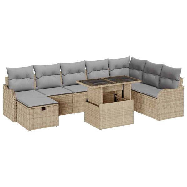 vidaXL Set de canapele pentru grădină cu pernă 9 pcs Bej Rattan poli
