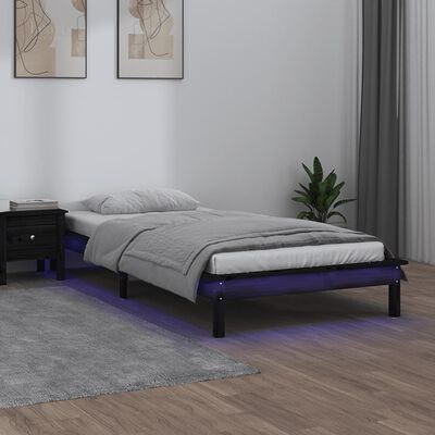 vidaXL Cadru de pat LED mic single, negru, 75x190 cm, lemn masiv