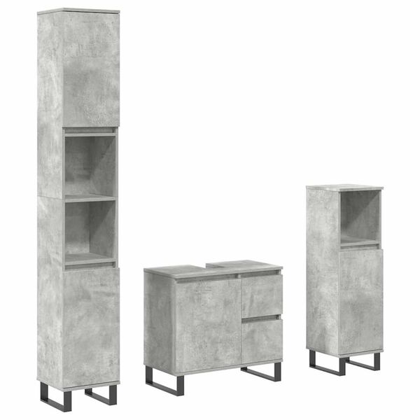 vidaXL Set mobilier de baie, 3 piese, gri beton, lemn compozit