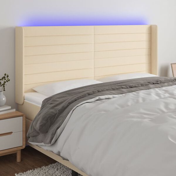 vidaXL Tăblie de pat cu LED, crem, 183x16x118/128 cm, textil