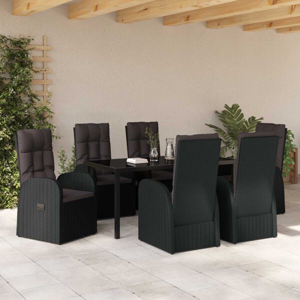 vidaXL Set de masă pentru grădină cu pernă 7 pcs Negru poliratan