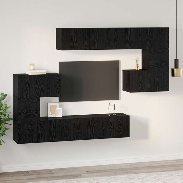 vidaXL Set comodă TV Pe perete 8 pcs Stejar Negru Lemn compozit