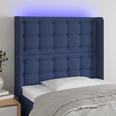 vidaXL Tăblie de pat cu LED, albastru, 83x16x118/128 cm, textil