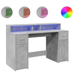 vidaXL Birou cu lumini LED, gri beton, 140x55x91 cm, lemn prelucrat