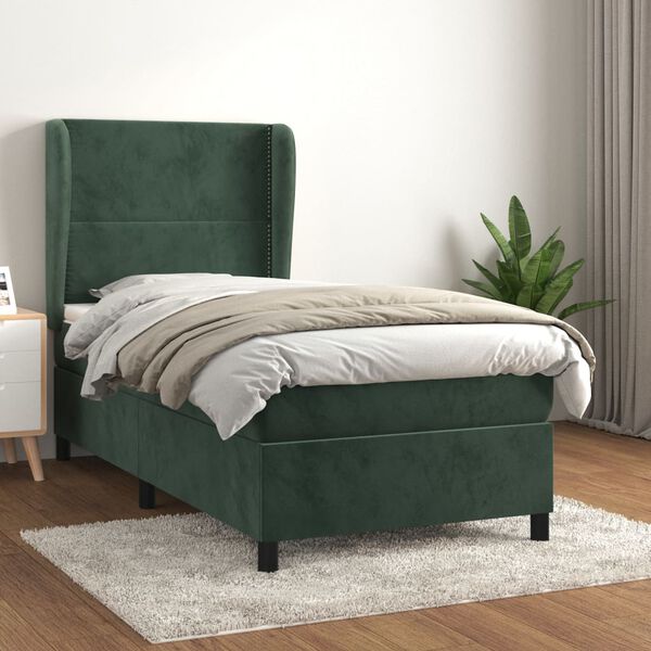 vidaXL Pat box spring cu saltea, verde &icirc;nchis, 90x190 cm, catifea