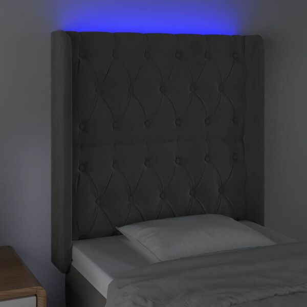 vidaXL Tăblie de pat cu LED, gri închis, 83x16x118/128 cm, catifea