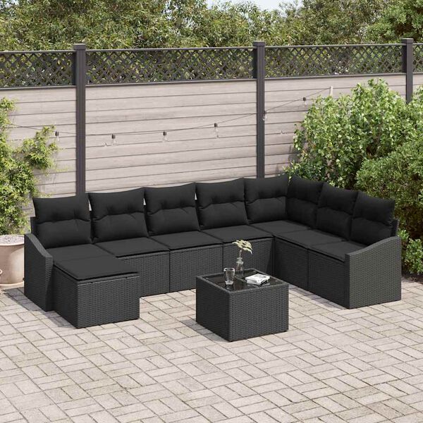 vidaXL Set de canapele pentru grădină cu pernă 8 pcs Negru poliratan