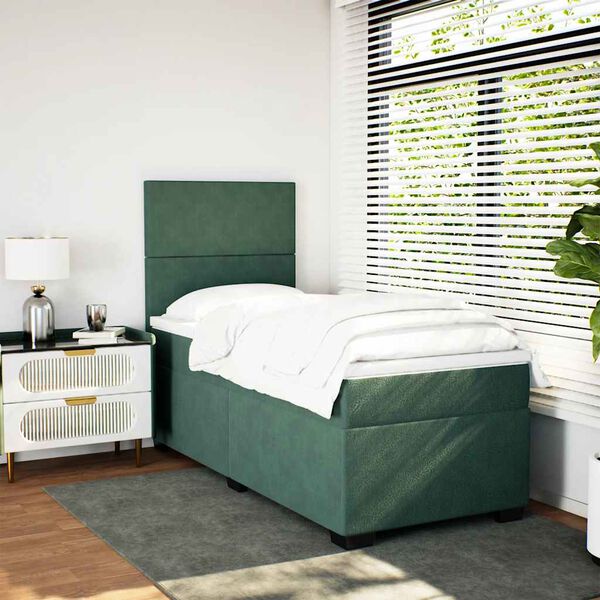 vidaXL Pat box spring cu saltea, verde închis, 100x200 cm, catifea