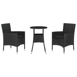 vidaXL Set bistro de grădină cu perne, 3 piese, negru, poliratan