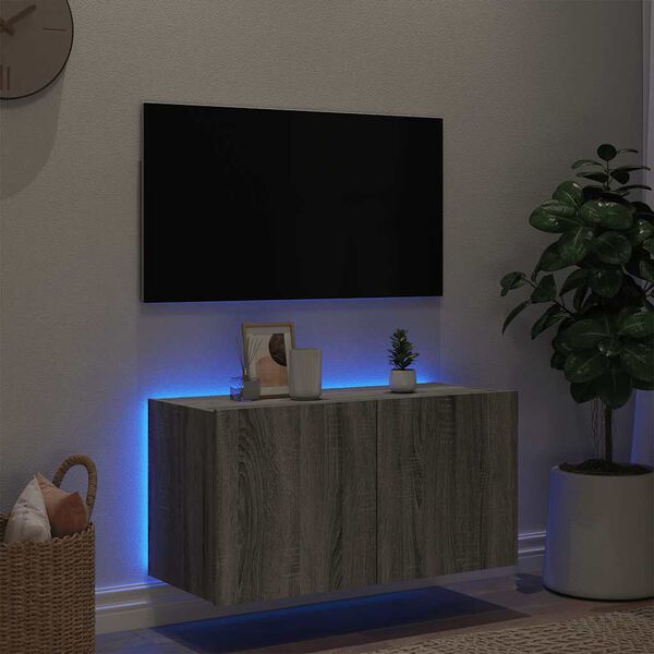vidaXL Comodă TV de perete cu lumini LED, gri sonoma, 80x35x41 cm