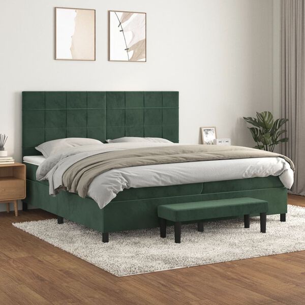 vidaXL Pat box spring cu saltea, verde &icirc;nchis, 200x200 cm, catifea