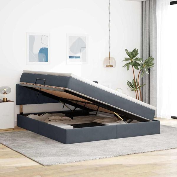 vidaXL Pat cu storage cu saltea Gri &icirc;nchis 180 x 200 cm Catifea