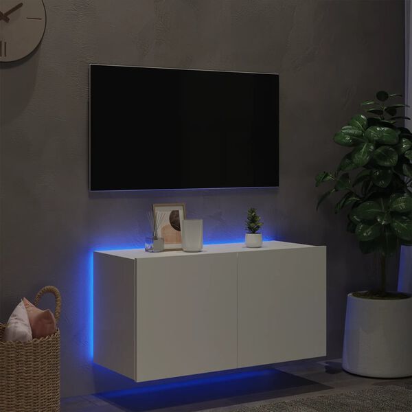 vidaXL Comodă TV de perete cu lumini LED, alb, 80x35x41 cm