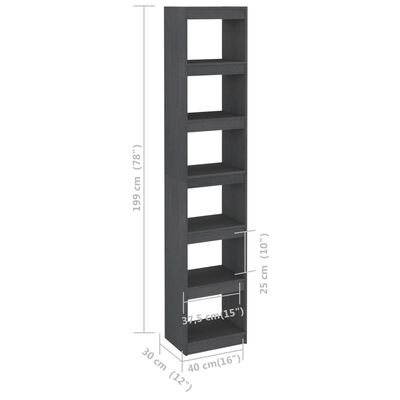 vidaXL Bibliotecă/Separator cameră, gri, 40x30x199 cm, lemn masiv pin