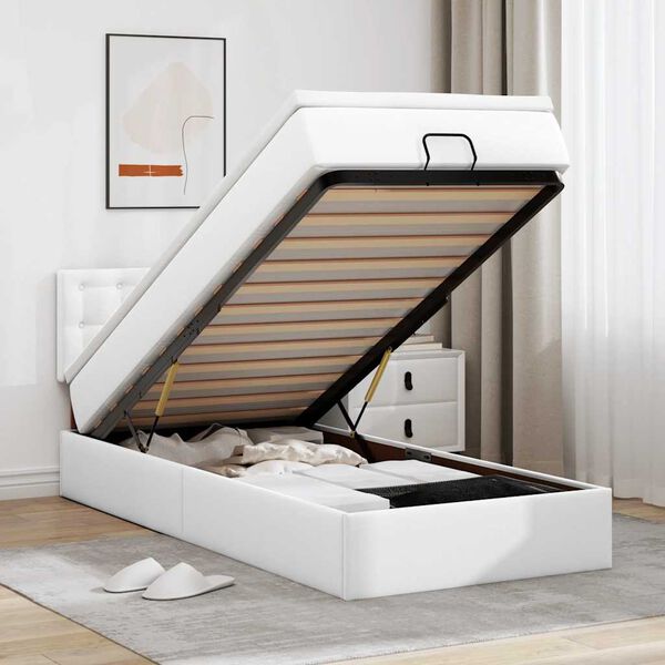 vidaXL Pat otoman cu saltea, alb, 90x190cm, piele ecologică