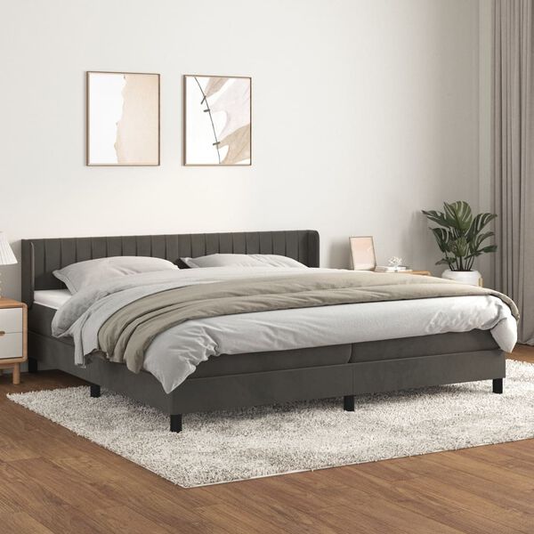 vidaXL Pat box spring cu saltea, gri &icirc;nchis, 200x200 cm, catifea