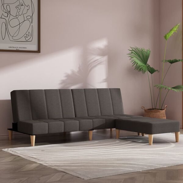 vidaXL Canapea extensibilă 2 locuri, cu taburet, gri &icirc;nchis, textil