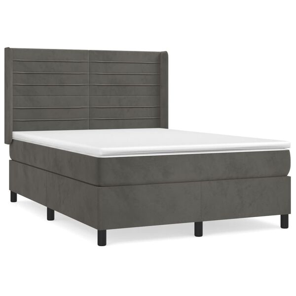 vidaXL Pat box spring cu saltea, gri &icirc;nchis, 140x190 cm, catifea